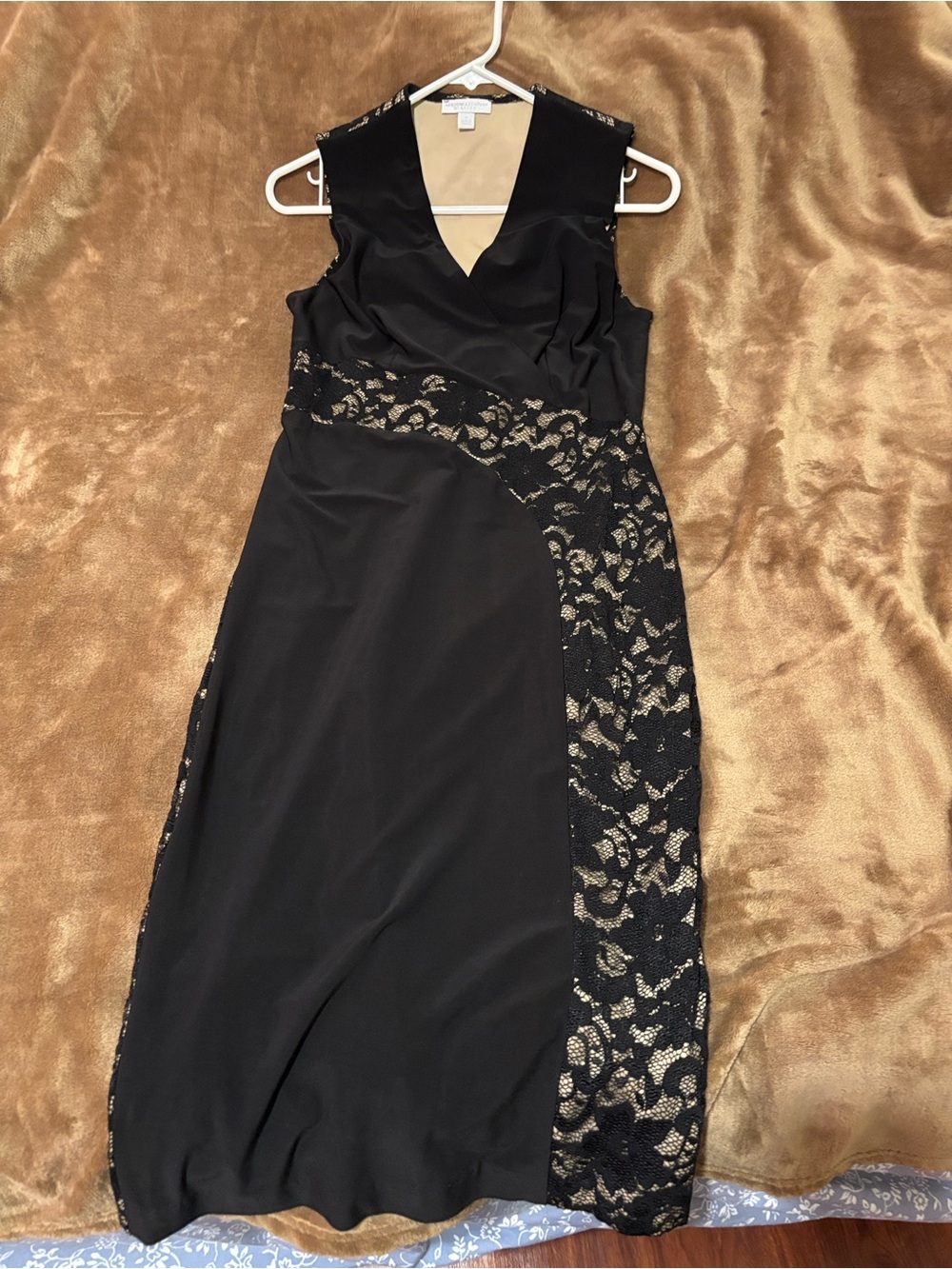 New York & Company Black Midi Dress with Gold Lace Trim